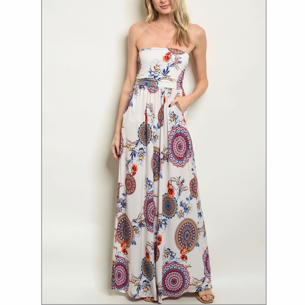 Style Rack Ivory Boho Floral Tube Maxi Dress | Strapless Dress with Pockets